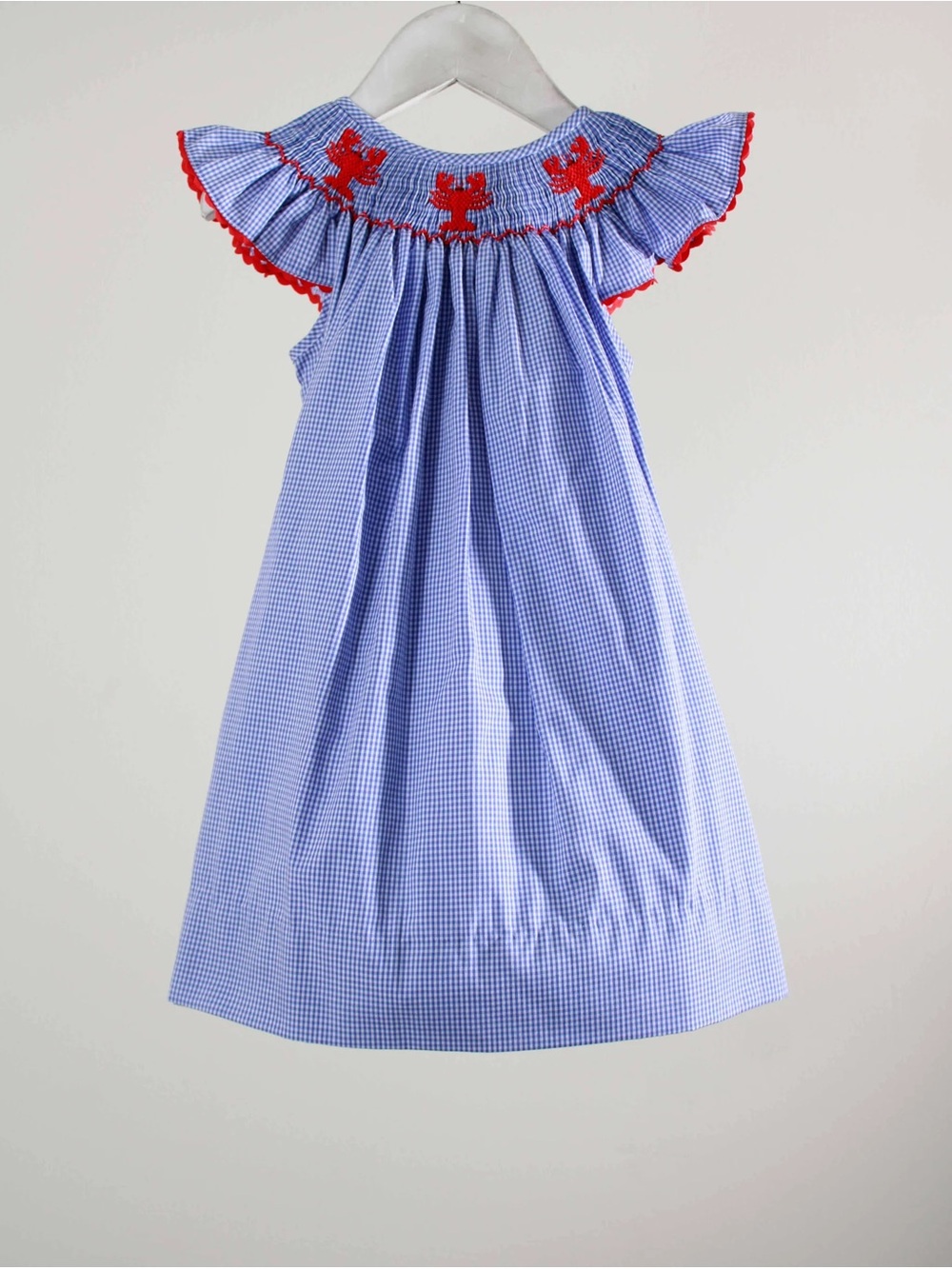 Girls Blue Gingham Smocked dress with Red Trim